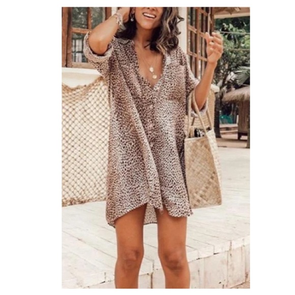NWOT Leopard Button Up Long Sleeve Shirt Dress - Picture 1 of 1